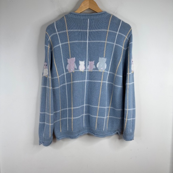 VTG 90s Granny Sweater L Embroidered Owl Hand Knit Windowpane Cottage Blue Twee - Picture 4 of 10